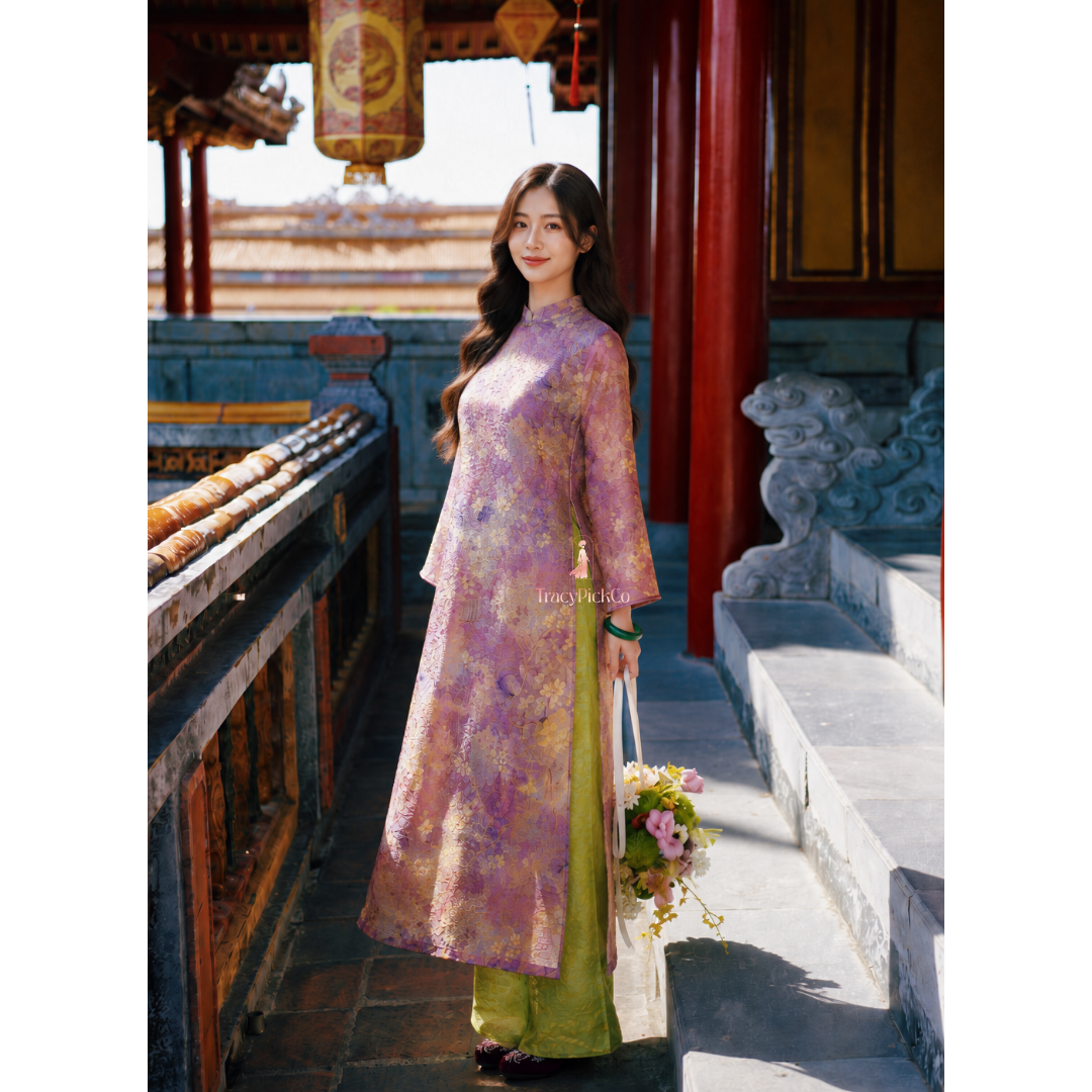 Purple Silk Modern Plus Size Ao Dai Vietnamese Floral Dress Long Sleeve