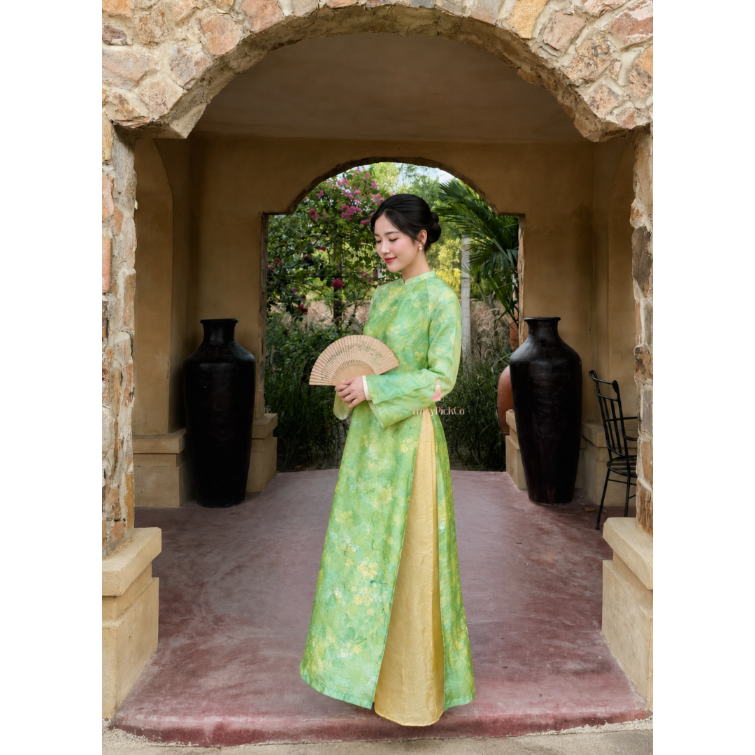 Green Silk Modern Plus Size Ao Dai Vietnamese Floral Dress Long Sleeve