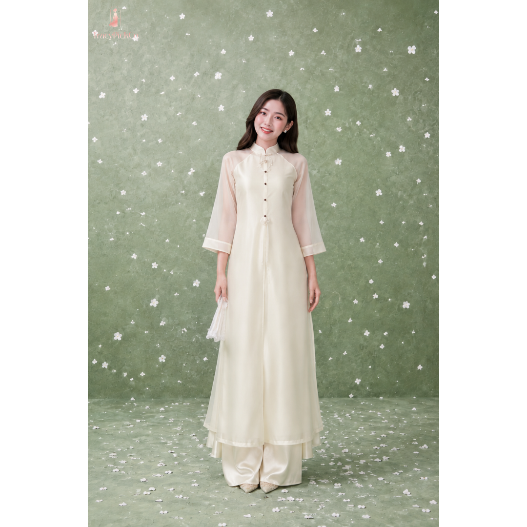 Vietnamese Beige Five Panel Silk Dress with Pearl Bow