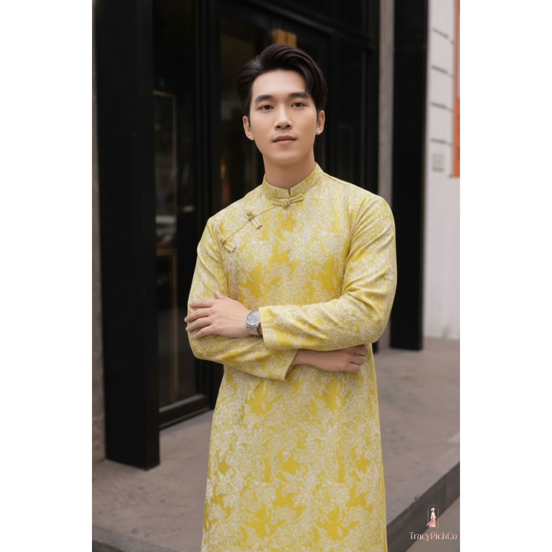 Ao Dai Men Embroidered Fabric Tafta Yellow