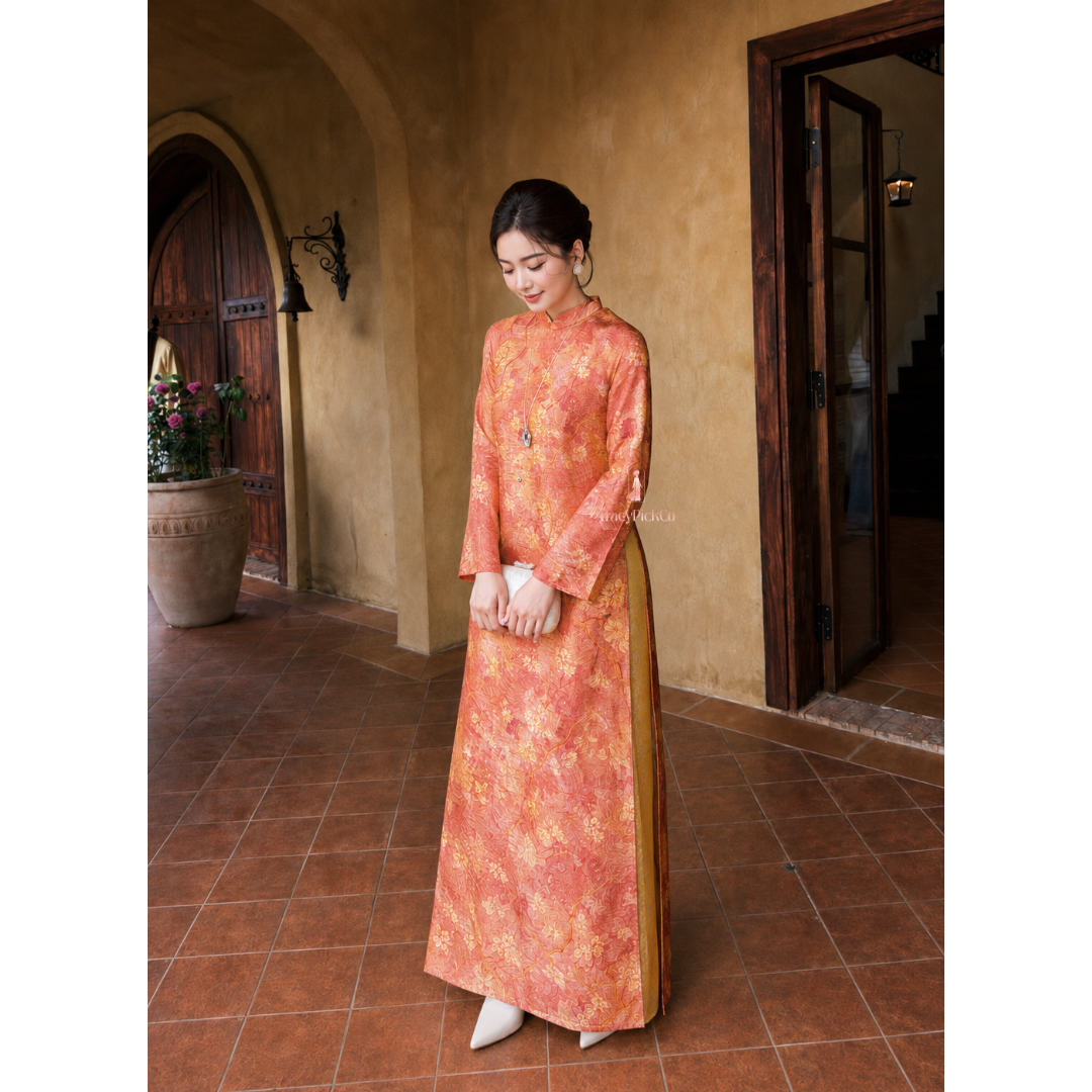 Orange Silk Modern Plus Size Ao Dai Vietnamese Floral Dress Long Sleeve