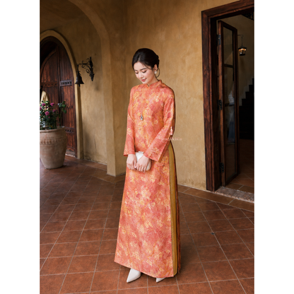 Orange Silk Modern Plus Size Ao Dai Vietnamese Floral Dress Long Sleeve