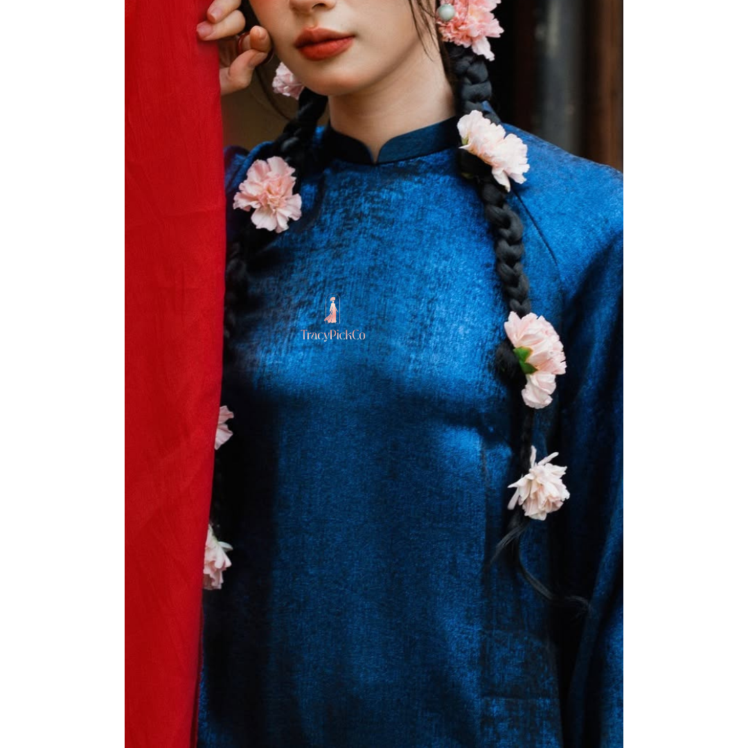 Modern Ao Dai Women Blue Velvet Sparkle Long Sleeves