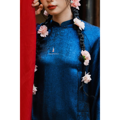 Modern Ao Dai Women Blue Velvet Sparkle Long Sleeves