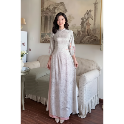 Plus Size Silver Silk Ao Dai Women Traditional Vietnamese Dress