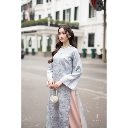 Ao Dai Women Vietnamese Modern Floral Brocade Blue Premium Hand-embellished Collar