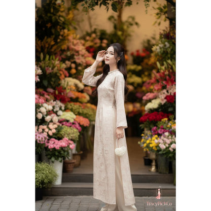 Ao Dai Women Vietnamese Modern Floral Brocade Beige Premium Hand-embellished Collar
