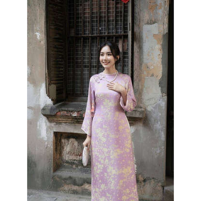 Modern Ao Dai Women Vietnamese Purple Silk Peach Blossom Detail