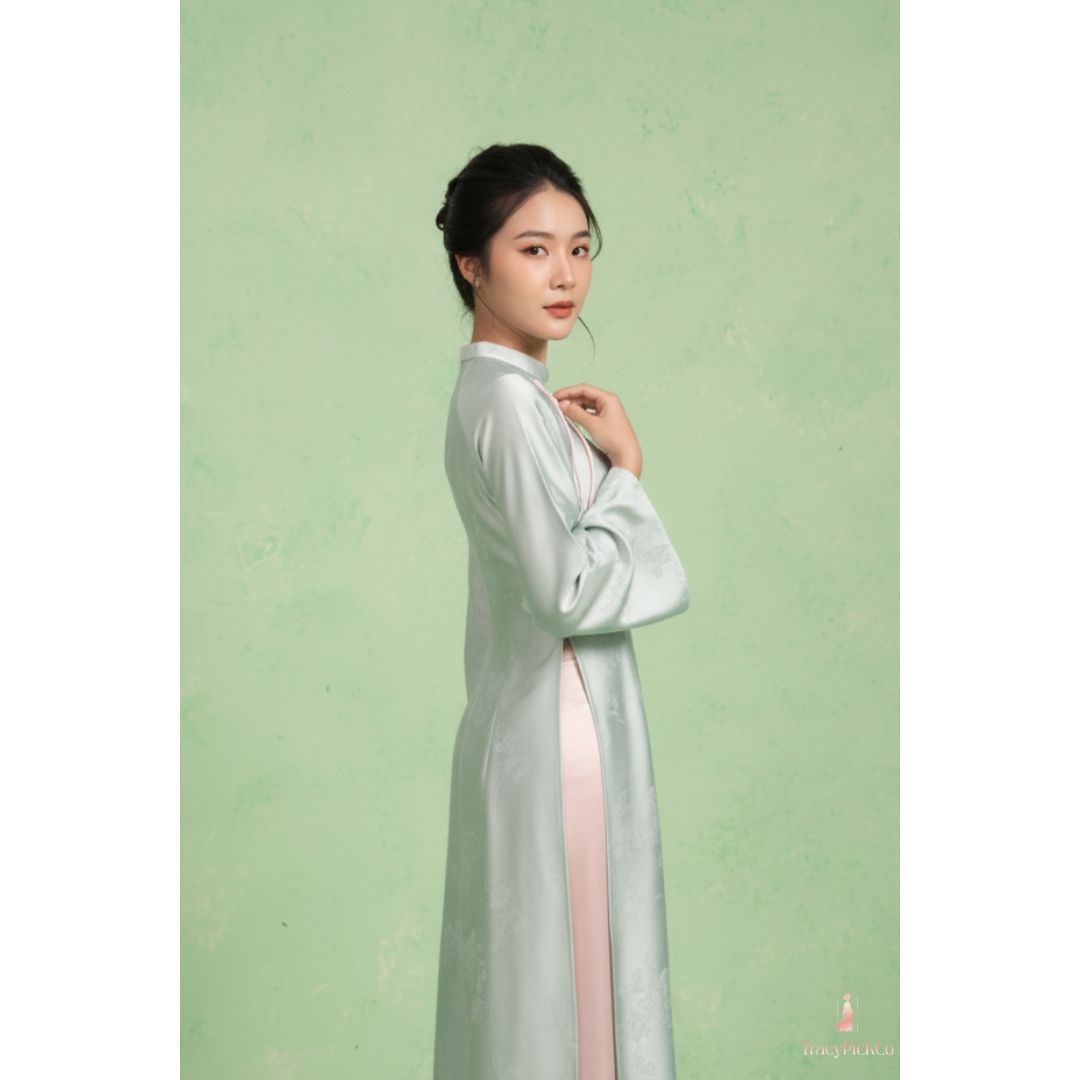 Traditional Green Mint Ao Dai Women Modern Flare Sleeve Bow Silk Brocade