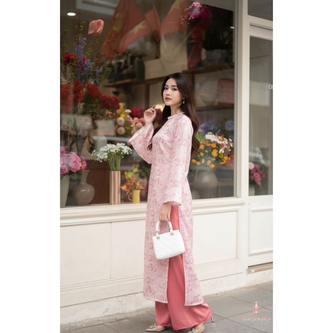 Ao Dai Women Vietnamese Modern Floral Brocade Pink Premium Hand-embellished Collar