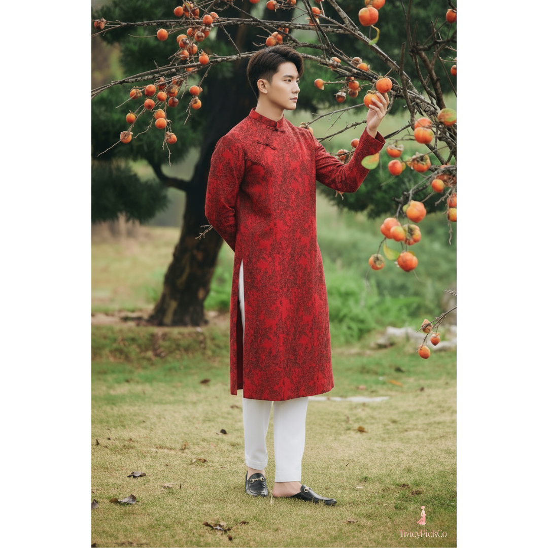 Ao Dai Men Embroidered Fabric Tafta Red