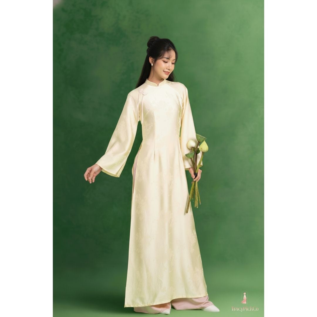 Traditional Yellow Ao Dai Women Modern Flare Sleeve Bow Silk Brocade