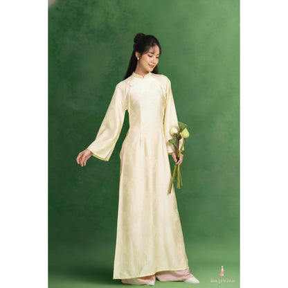 Traditional Yellow Ao Dai Women Modern Flare Sleeve Bow Silk Brocade