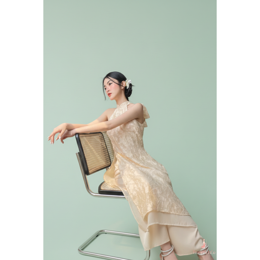 Beige Silk Jacquard Halter Ao Dai