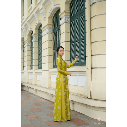 Plus Size Traditional Vietnamese Yellow Ao Dai Dress Silk Brocade