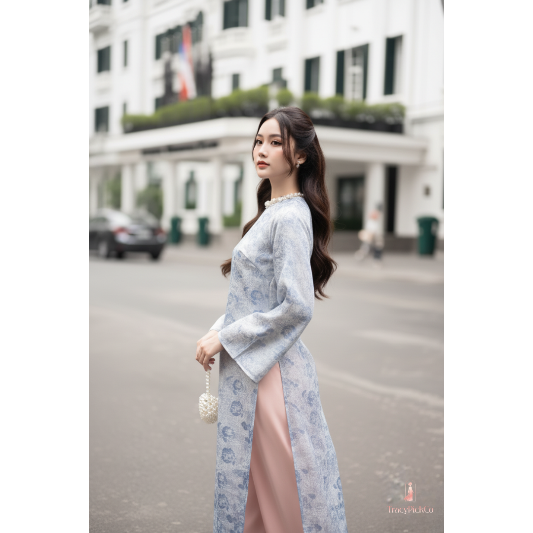 Ao Dai Women Vietnamese Modern Floral Brocade Blue Premium Hand-embellished Collar