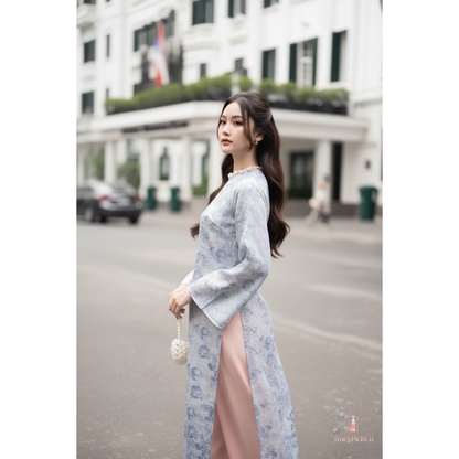 Ao Dai Women Vietnamese Modern Floral Brocade Blue Premium Hand-embellished Collar