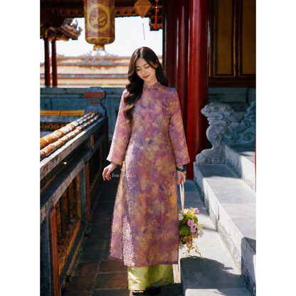 Purple Silk Modern Plus Size Ao Dai Vietnamese Floral Dress Long Sleeve