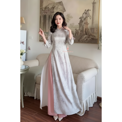 Plus Size Silver Silk Ao Dai Women Traditional Vietnamese Dress
