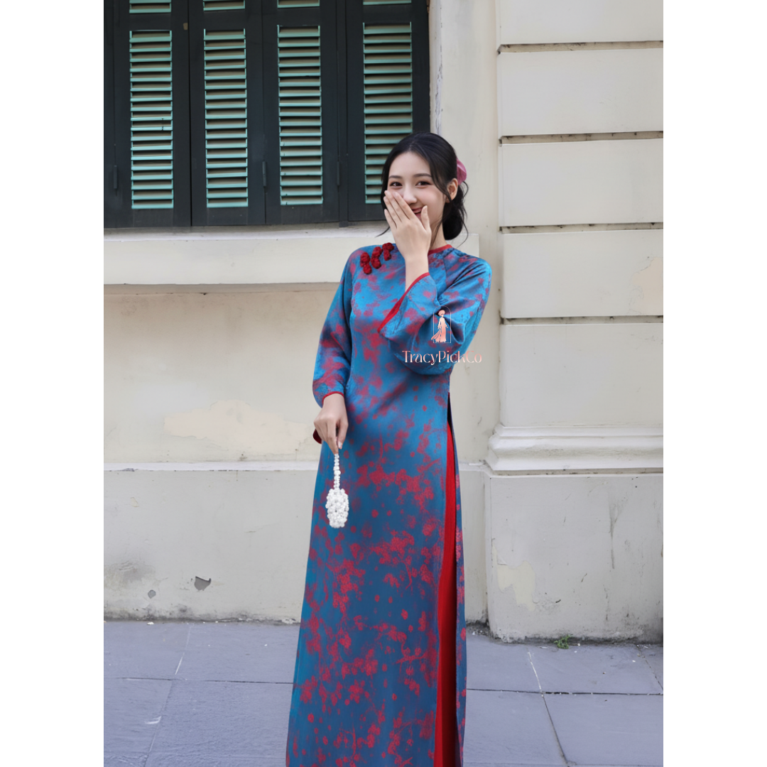 Modern Ao Dai Women Vietnamese Blue Silk Peach Blossom Detail