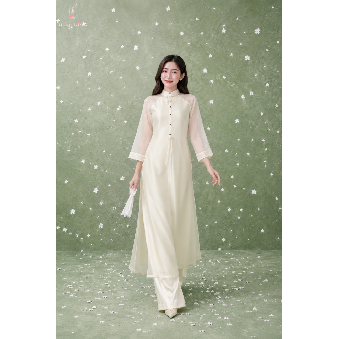 Vietnamese Beige Five Panel Silk Dress with Pearl Bow