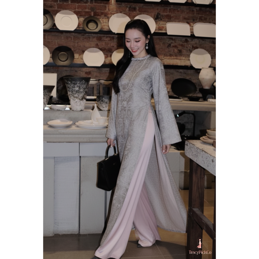 Ao Dai Women Vietnamese Modern Floral Brocade Gray Premium Hand-embellished Collar