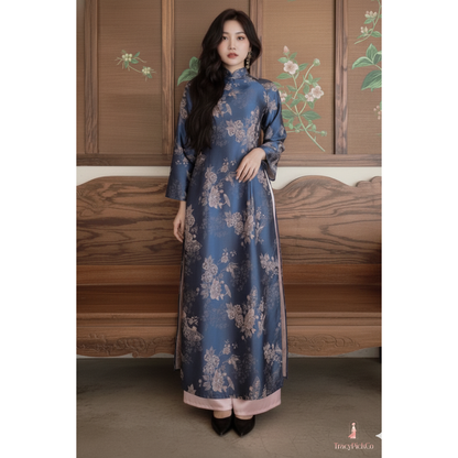 Blue Crane Brocade Plus Size Ao Dai