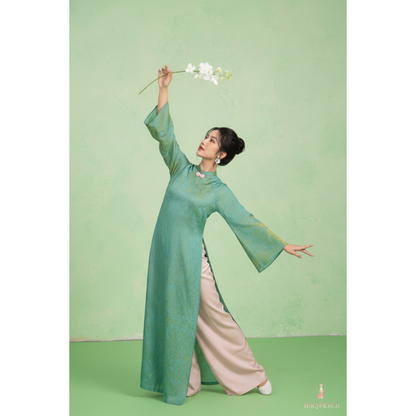 Modern Ao Dai Women Green Brocade Silk Straight Fit Bow Collar