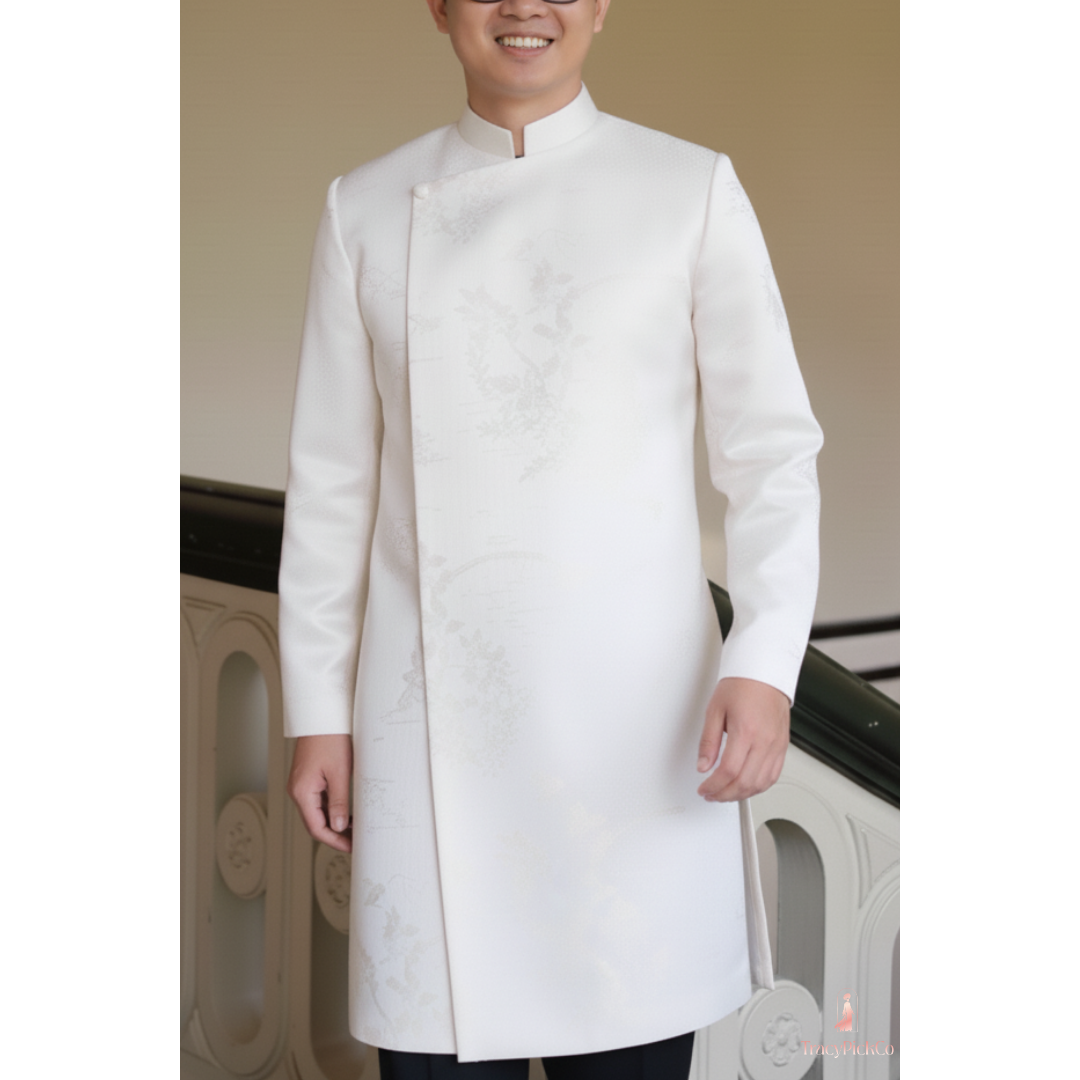 Ao Dai Men Wedding Modern Groom Beige Brocade Silk