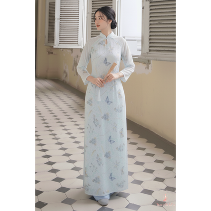 Modern Ao Dai Women Vietnamese Butterfly Print Blue Feather Silk Four Panel Midi Sleeve Dress