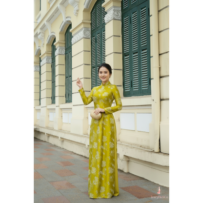 Plus Size Traditional Vietnamese Yellow Ao Dai Dress Silk Brocade