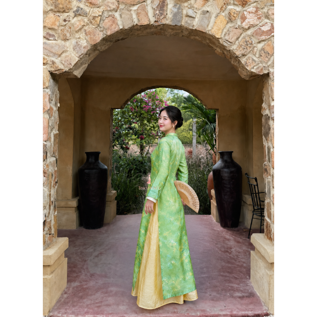Green Silk Modern Plus Size Ao Dai Vietnamese Floral Dress Long Sleeve