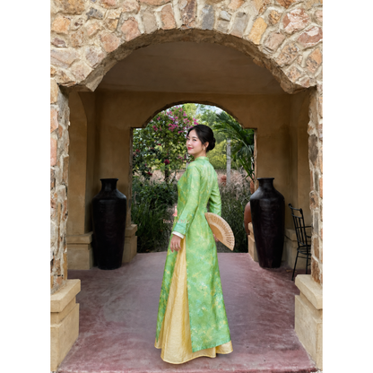 Green Silk Modern Plus Size Ao Dai Vietnamese Floral Dress Long Sleeve