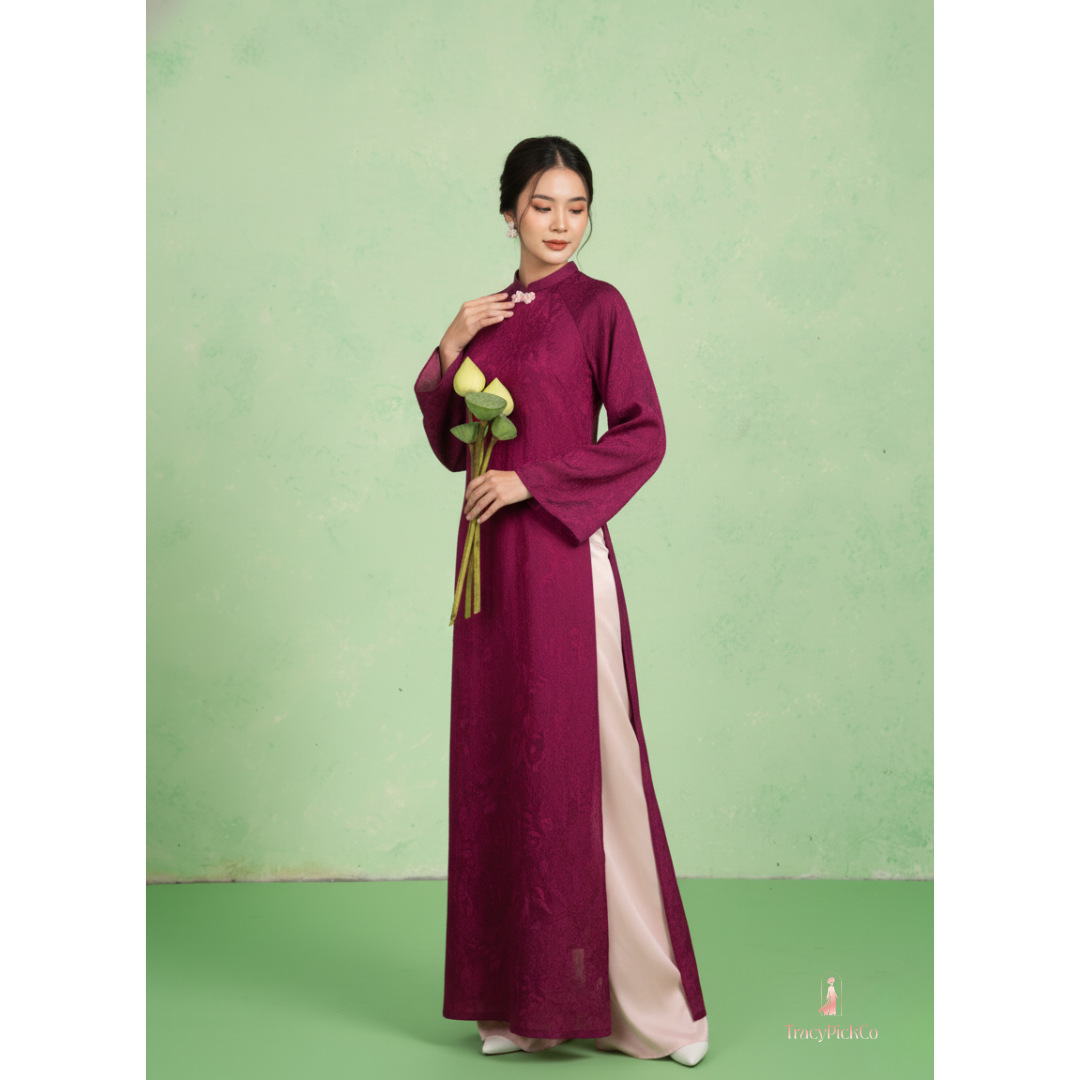 Modern Ao Dai Women Magenta Brocade Silk Straight Fit Bow Collar