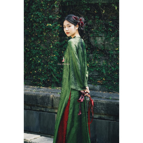 Modern Ao Dai Women Green Velvet Sparkle Long Sleeves