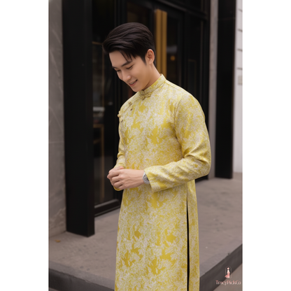 Ao Dai Men Embroidered Fabric Tafta Yellow