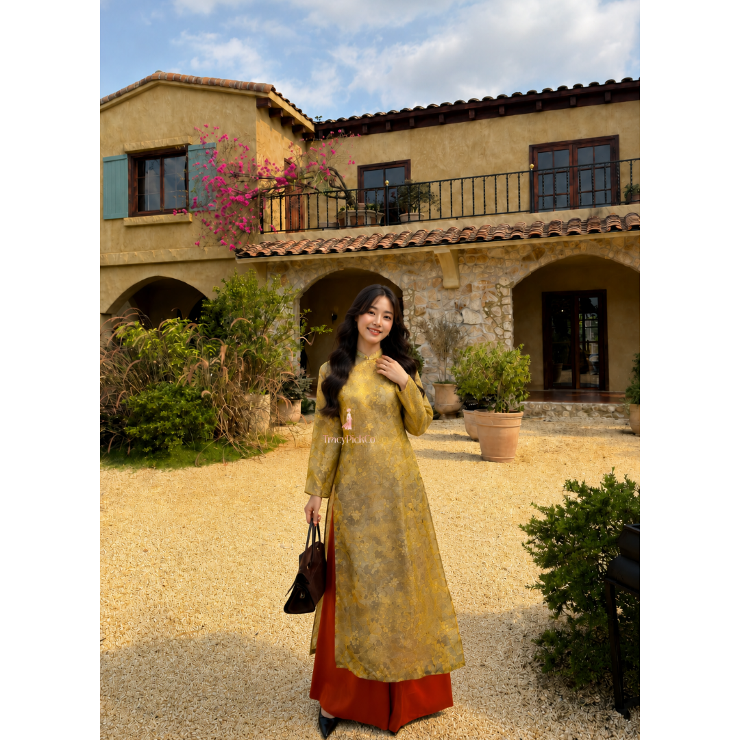 Yellow Silk Modern Plus Size Ao Dai Vietnamese Floral Dress Long Sleeve