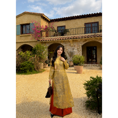Yellow Silk Modern Plus Size Ao Dai Vietnamese Floral Dress Long Sleeve