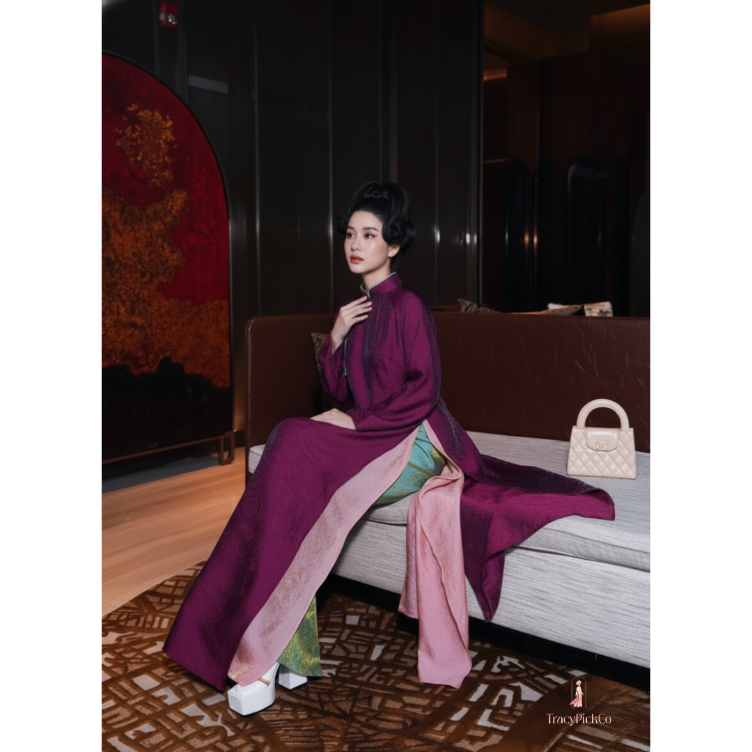 Ao Dai Women Modern Four Panel Loose Fit Shimmer Silk Purple And Pink
