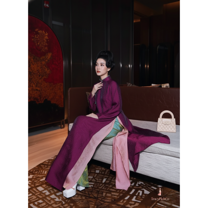 Ao Dai Women Modern Four Panel Loose Fit Shimmer Silk Purple And Pink