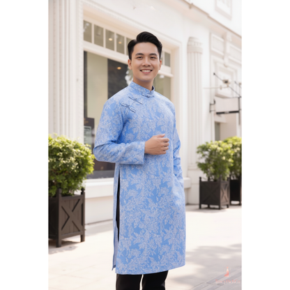 Ao Dai Men Embroidered Fabric Tafta Blue