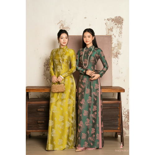 Plus Size Traditional Vietnamese Green Ao Dai Dress Silk Brocade