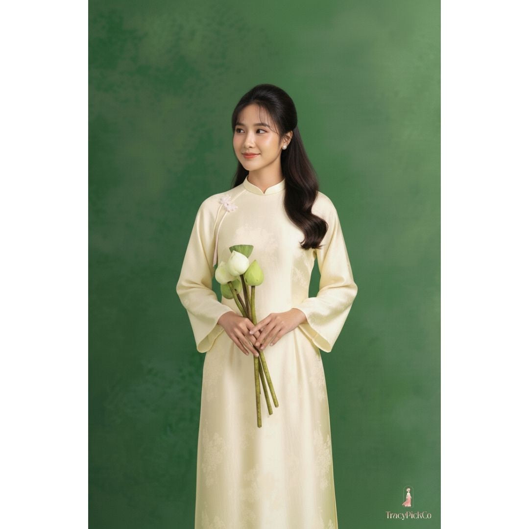 Traditional Yellow Ao Dai Women Modern Flare Sleeve Bow Silk Brocade