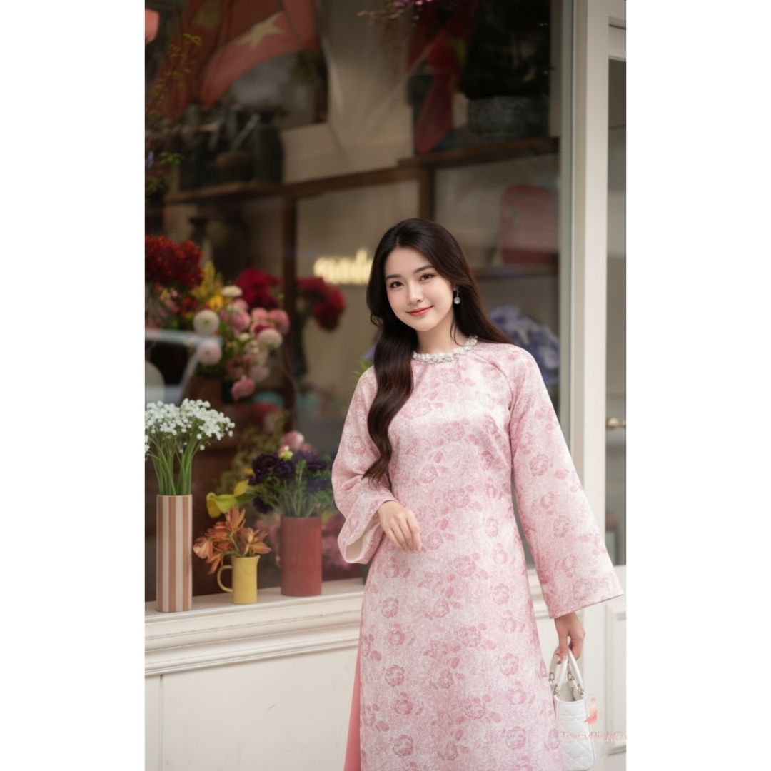 Ao Dai Women Vietnamese Modern Floral Brocade Pink Premium Hand-embellished Collar