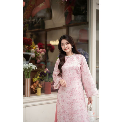 Ao Dai Women Vietnamese Modern Floral Brocade Pink Premium Hand-embellished Collar