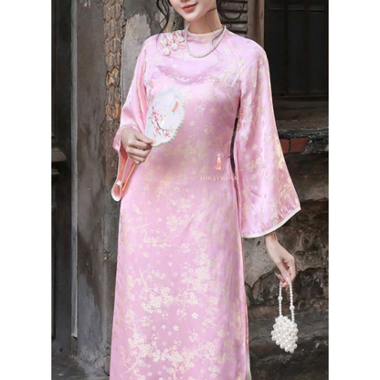 Modern Ao Dai Women Vietnamese Pink Silk Peach Blossom Detail