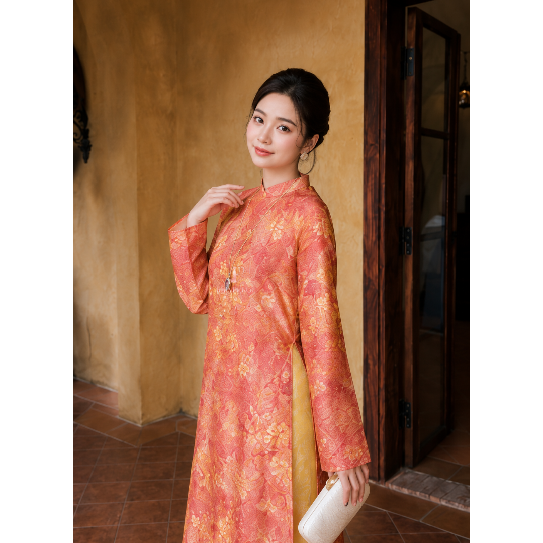 Orange Silk Modern Plus Size Ao Dai Vietnamese Floral Dress Long Sleeve