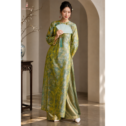 Green Floral Vietnamese Ao Dai Tencel Silk Straight Fit