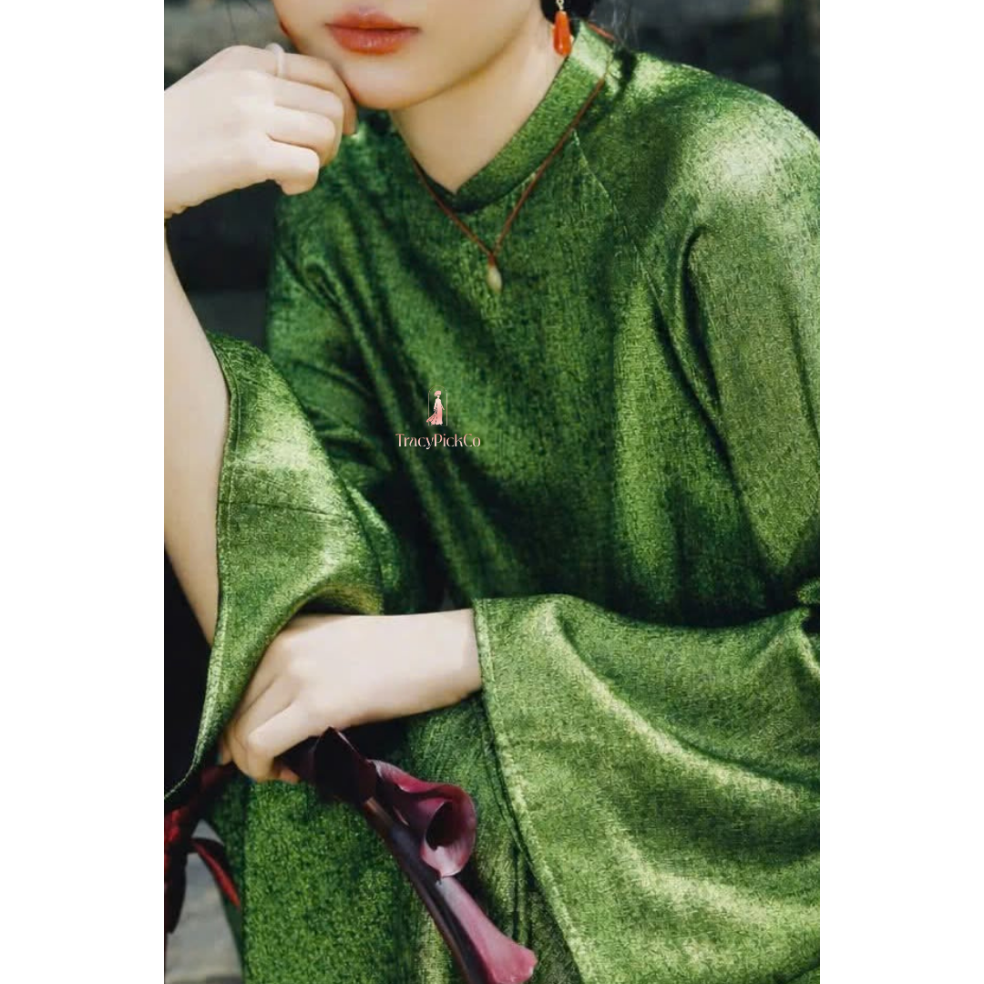 Modern Ao Dai Women Green Velvet Sparkle Long Sleeves