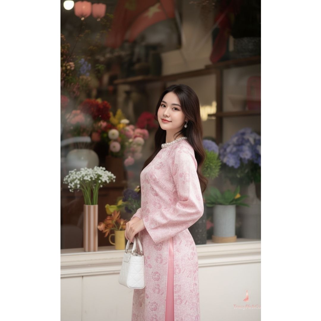 Ao Dai Women Vietnamese Modern Floral Brocade Pink Premium Hand-embellished Collar